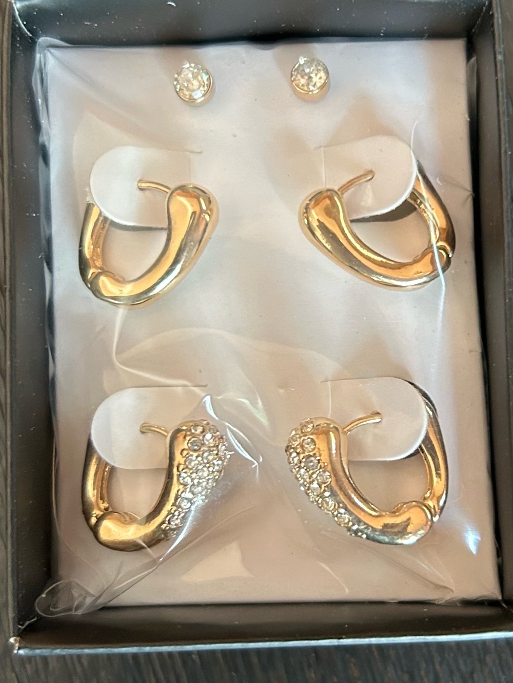 Avon Oval Orbit Earring Set 3 Gold-Tone Hoop & Crystal Rhinestone Faux Diamond